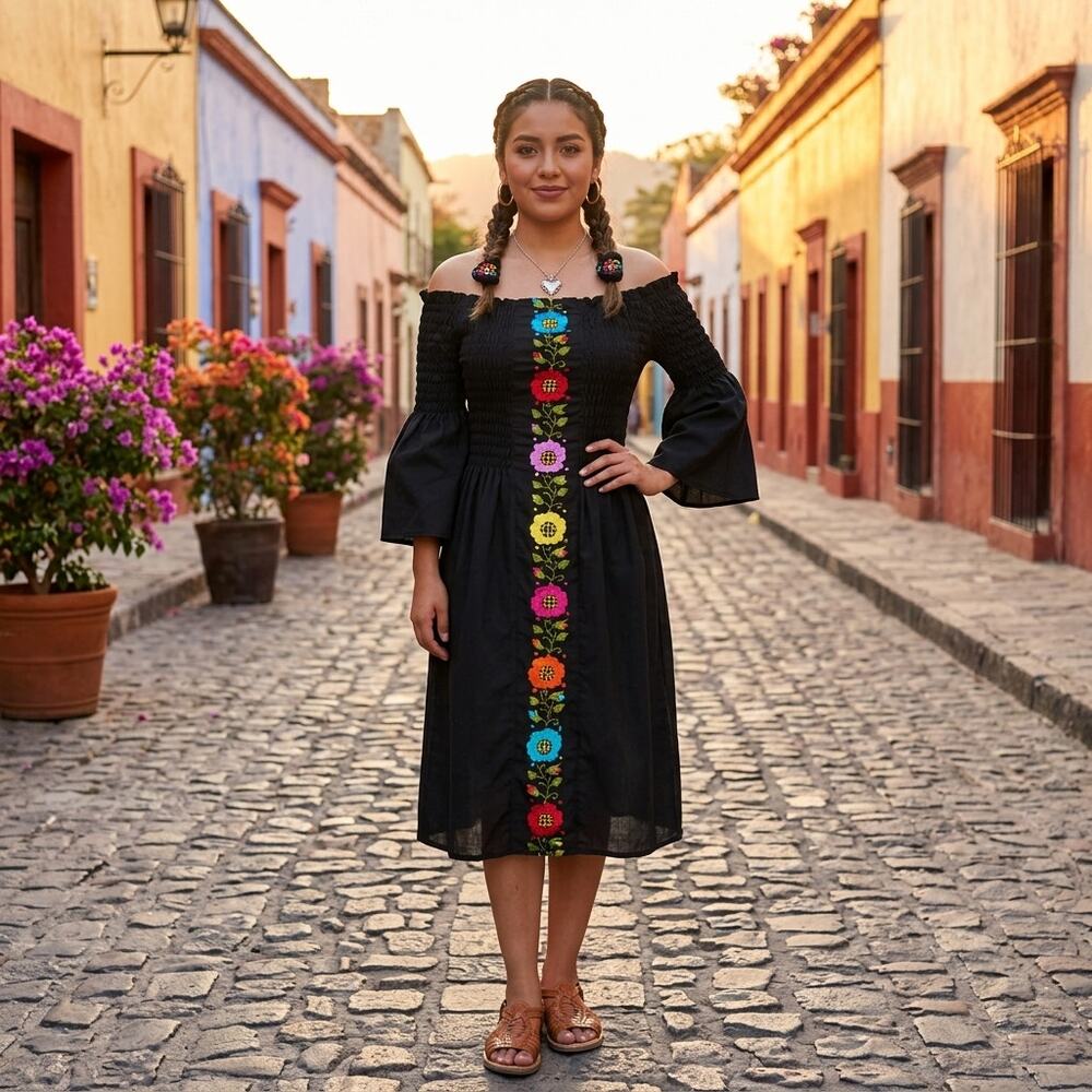 Mexican black tunic dress day of the dead ONE SIZE